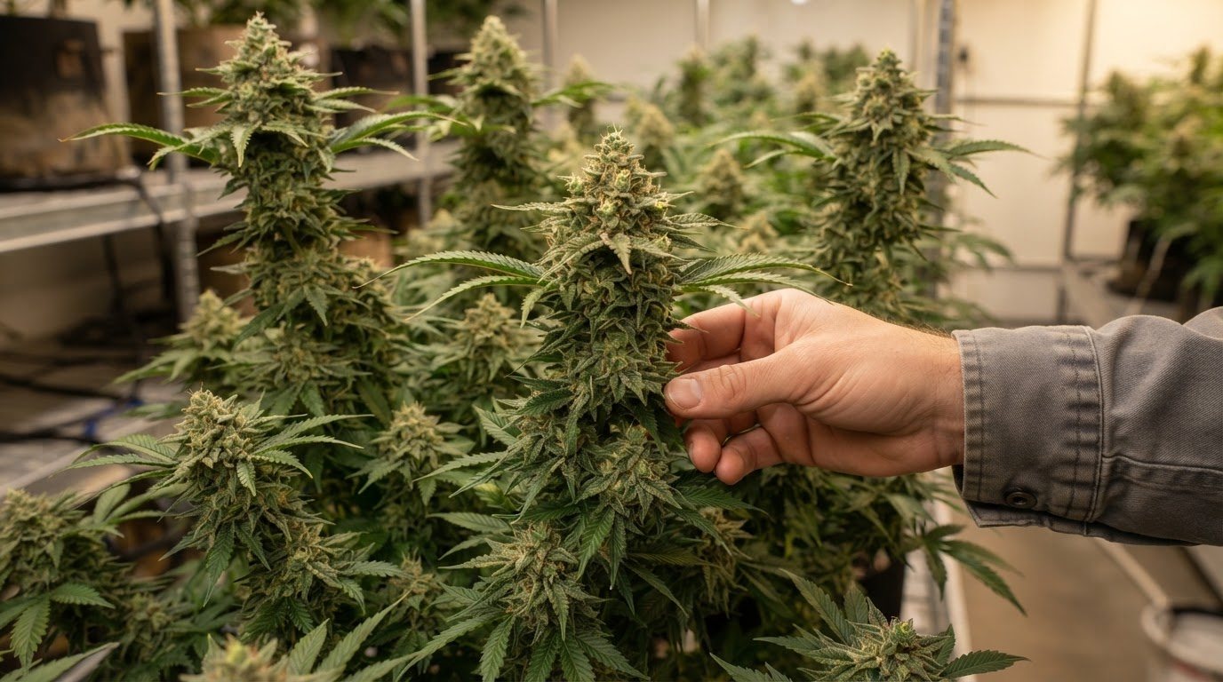 One mature, healthy indoor cannabis plant at peak in a clean, well-kept Minnesota grow room, shot close from the front so