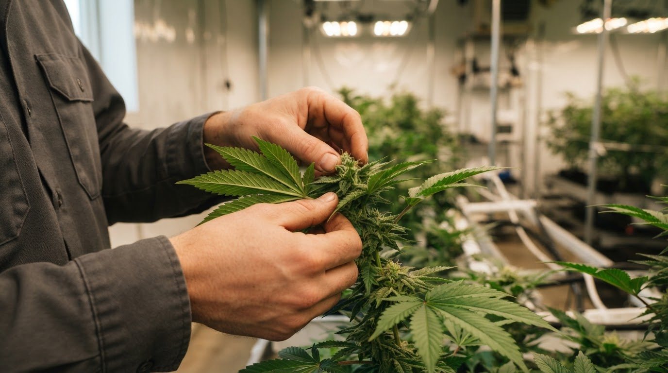 Close in on the daily tending: two bare hands working among new growth on an indoor cannabis plant, fingertips easing back