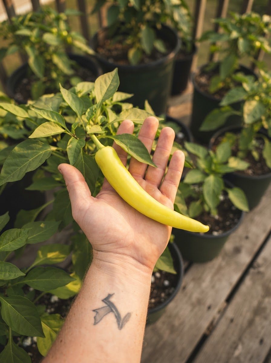 Luc's hand and forearm, dark line-work tattoo visible, holding a large pale-yellow banana pepper across the palm with his